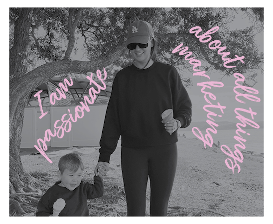 Kate White Account Director at Spruik, eating an ice cream with her son, walking outside with a tree and beach behind them. Text reads "I am passionate about all things marketing."